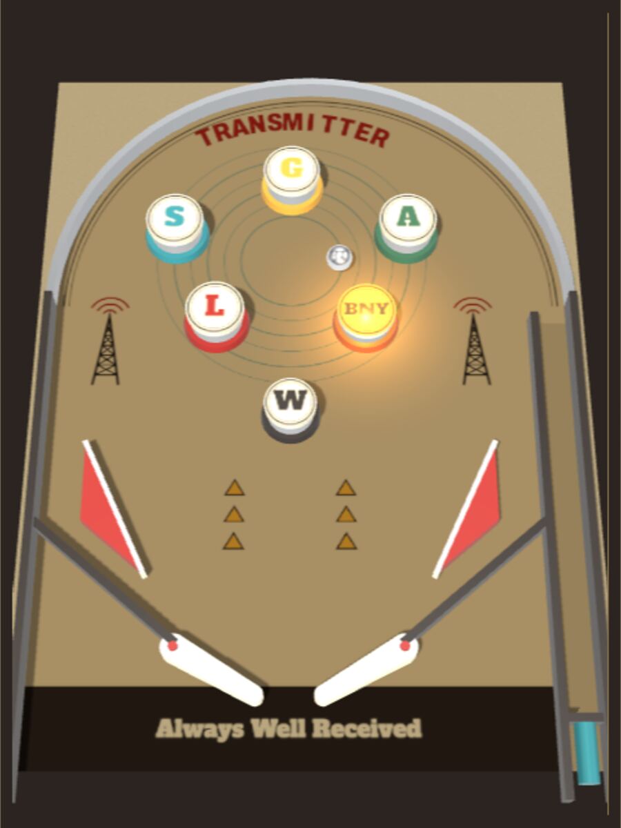 A pinball playfield printed like a Transmitter can label, with pop bumpers marked with the beer series letters.